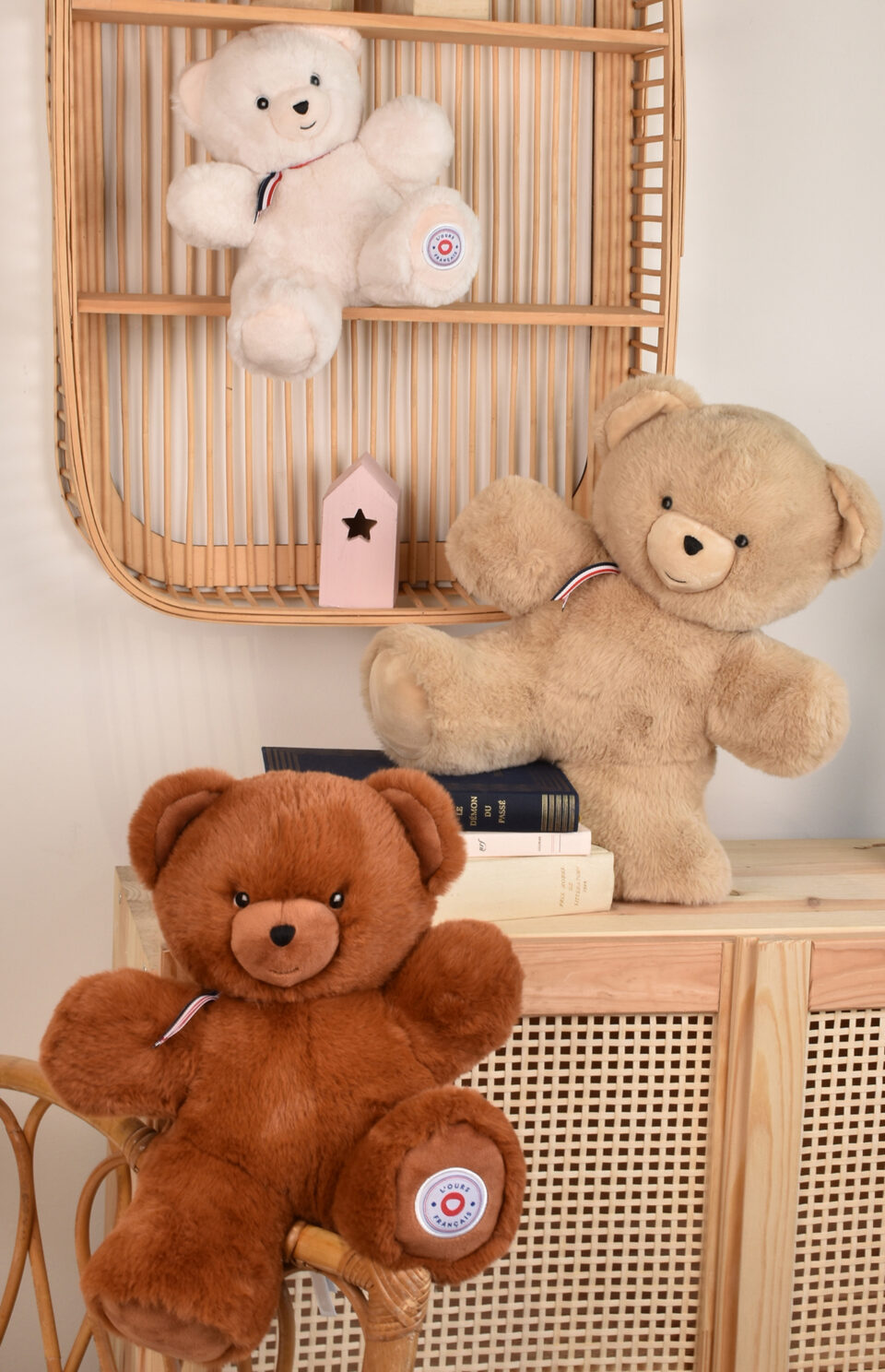 Peluche ours beige 35 cm articulée Fleximoov® fabriquée en France avec sac offert