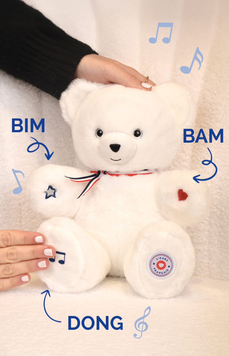L' OURS Français Musical "TAM TAM" blanc (non articulé)