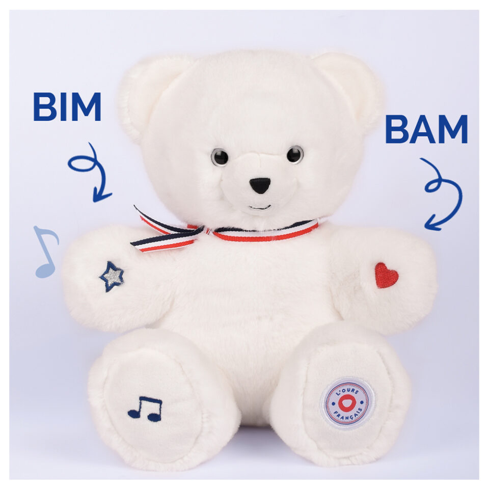 L' OURS Français Musical "TAM TAM" blanc (non articulé)