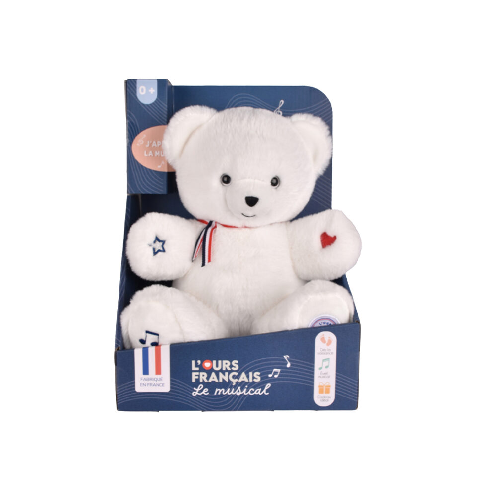 L' OURS Français Musical "TAM TAM" blanc (non articulé)