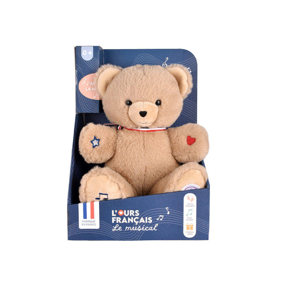 L’Ours Français Musical « TAM TAM » beige – 30 cm